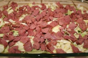 Layer Corned Beef over Shredded Cabbage 640x427 300x200 Alea’s Corned Beef and Cabbage Casserole with Mashed Potato Crust