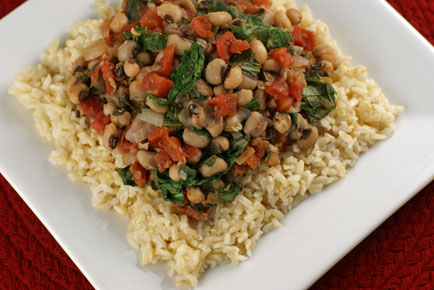 brown rice with black eyed peas and greens
