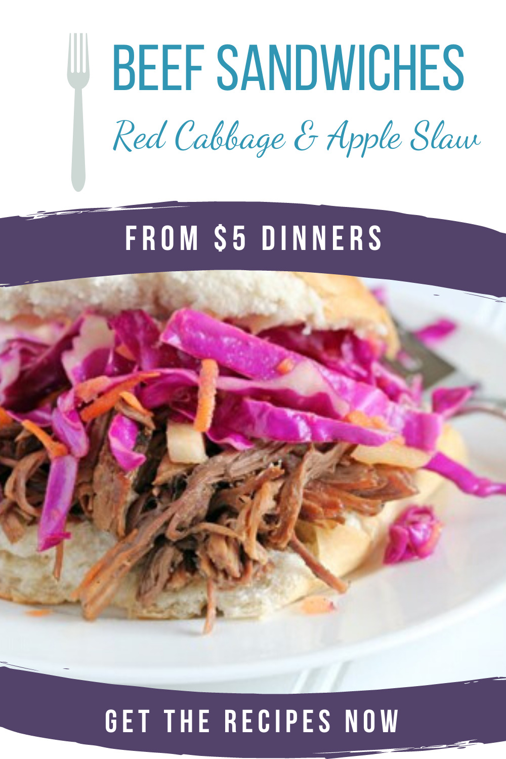 shredded beef sandwiches with red cabbage and apple slaw