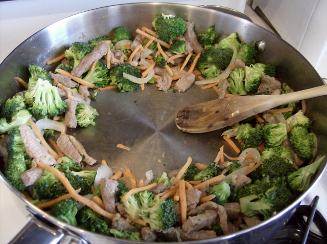 Cooking Broccoli and Beef in a Frying Pan