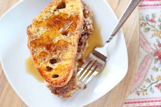 pecan streusel stuffed egg nog french toast bake