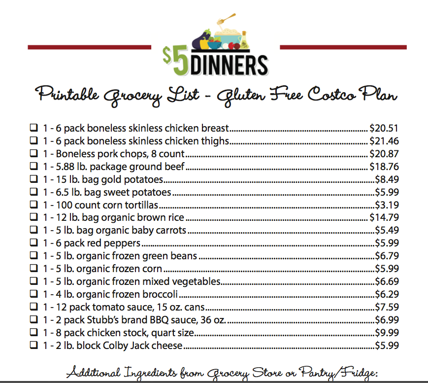 Costco Meal Plan #5, Gluten Free Edition, Recipes Shopping List Only | 5DollarDinners.com