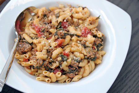 Skillet Macaroni with Swiss Chard ~ part of our 31 Days of Skillet Dinner Recipes | 5DollarDinners.com