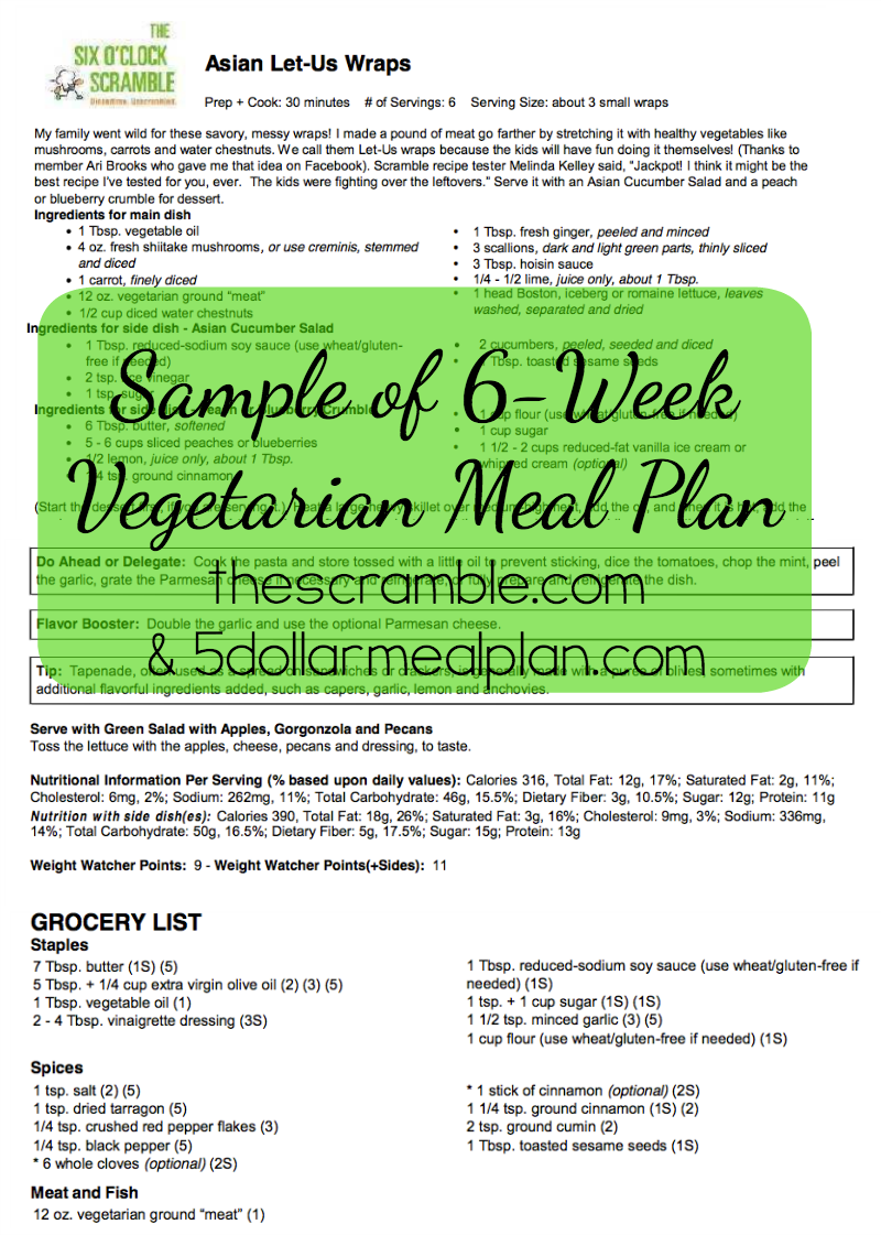 Sample of Vegetarian Meal Plan Printables