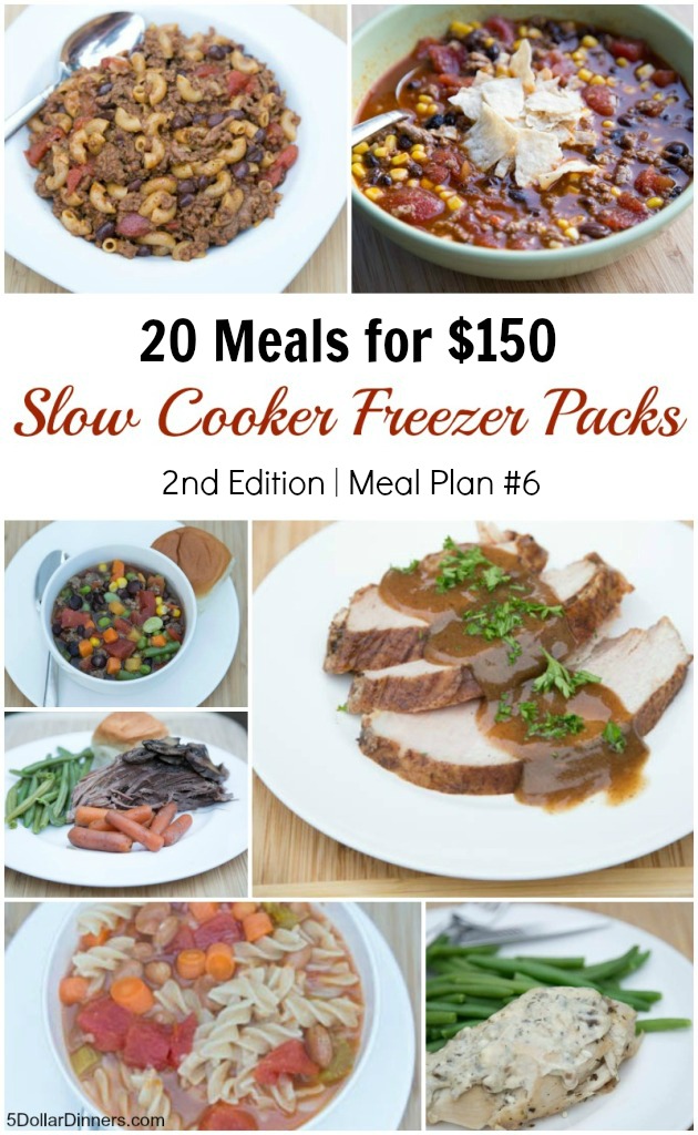 20 Slow Cooker Freezer Packs for $150 Meal Plan #6 from 5DollarDinners.com