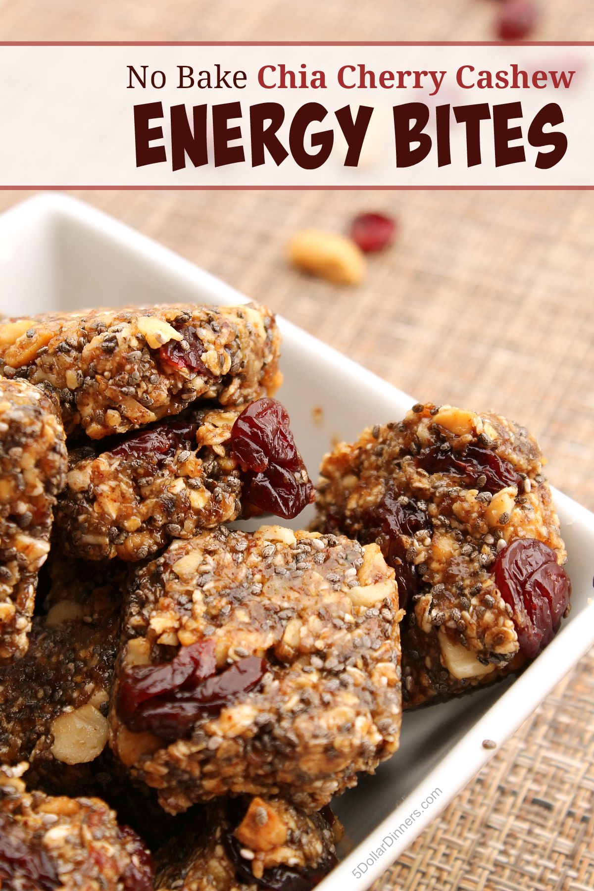 No Bake Chia Cherry Cashew Energy Bites from 5DollarDinners.com