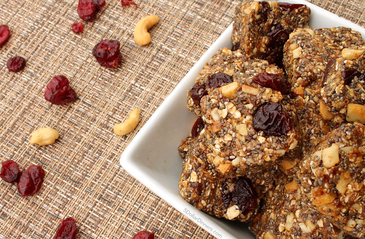 No Bake Chia Cherry Cashew Energy Bites from 5DollarDinners.com