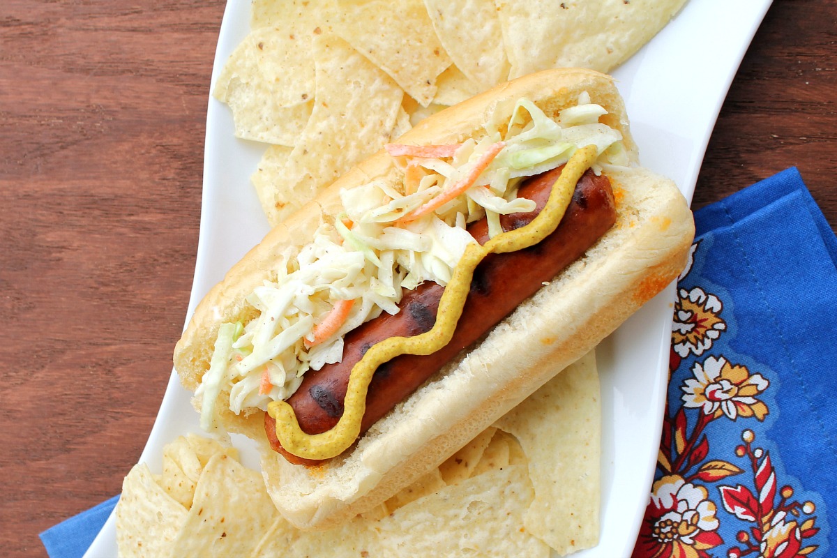 Grilled Hot Links topped with homemade Coleslaw from 5DollarDinners.com