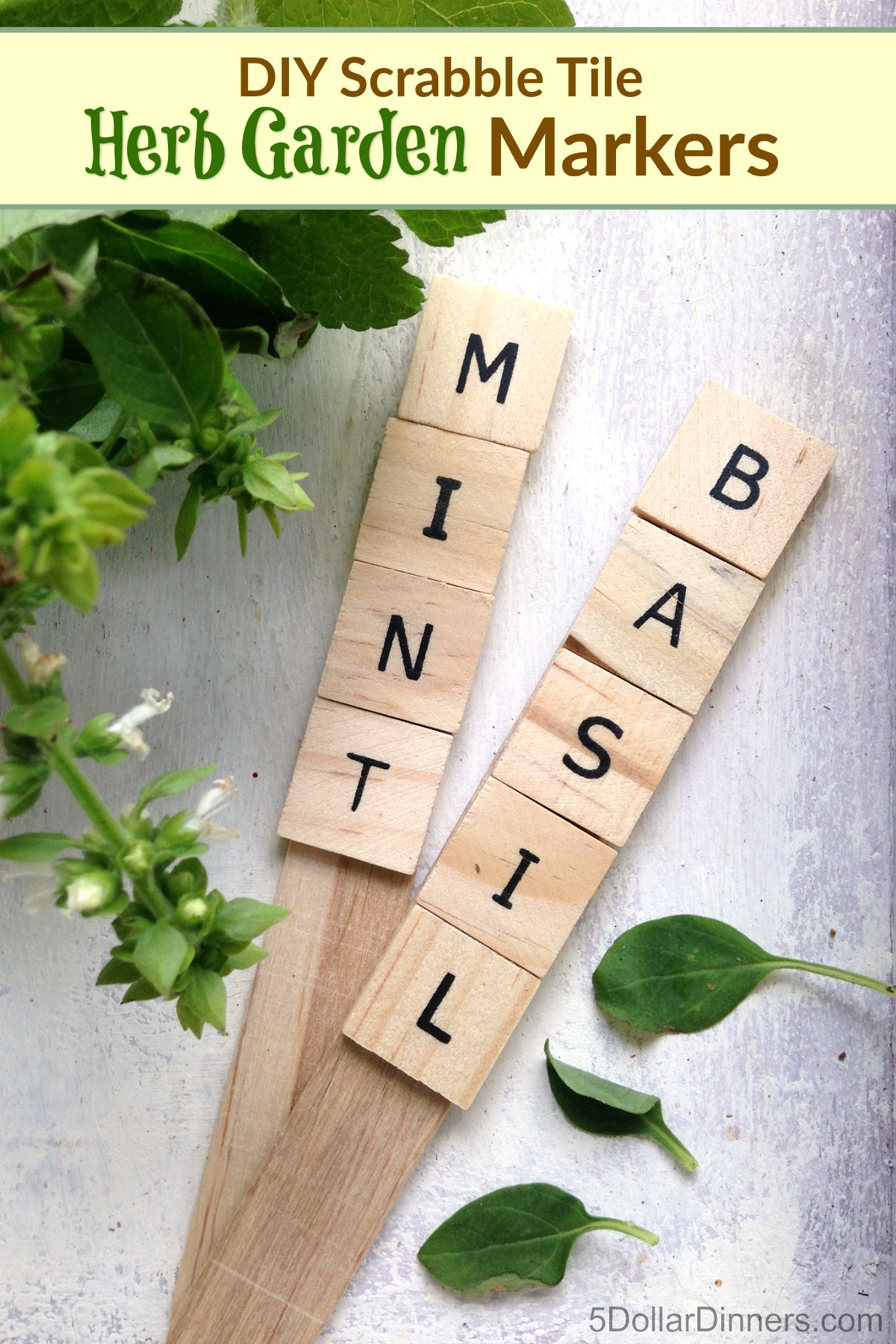 DIY Scrabble Tile Herb Garden Markers Tutorial from 5DollarDinners.com