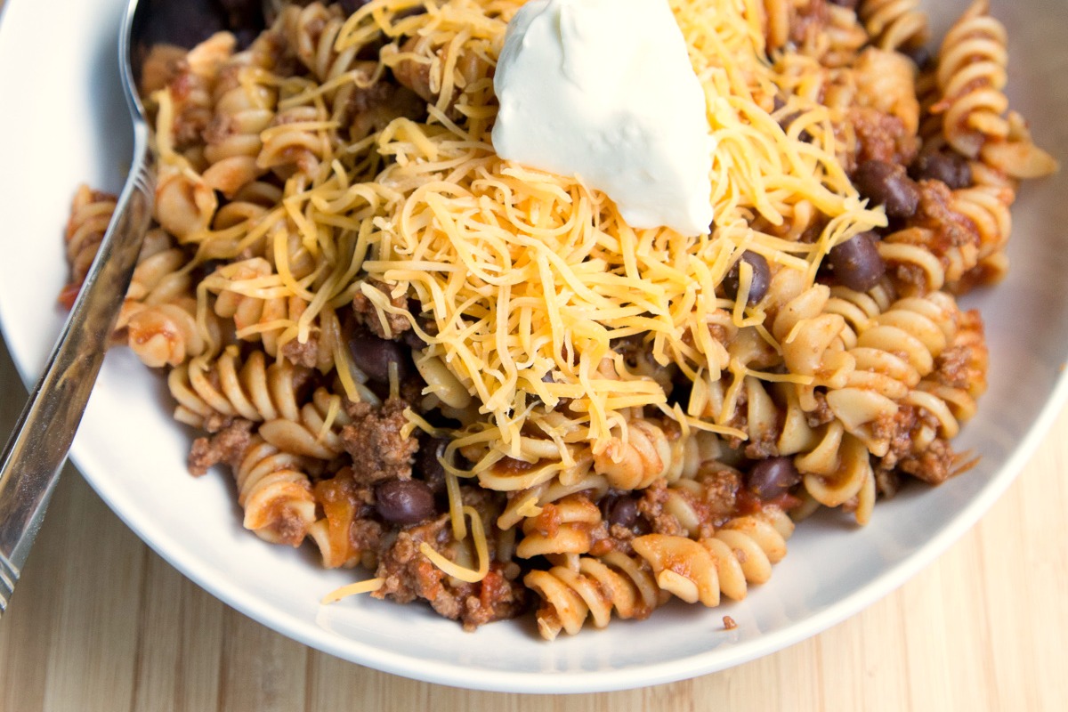 Freezer Friendly Twirly Taco Pasta Skillet Recipe from 5DollarDinners.com