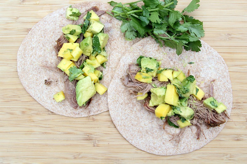 Instant Pot Shredded Beef Tacos with Mango Avocado Salsa from 5DollarDinners.com