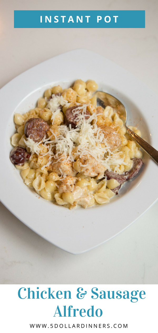 Both kids and adults will enjoy the variety within this dish! Instant Pot Chicken & Sausage Alfredo ready in just under 30 minutes on 5 Dollar Dinners!!