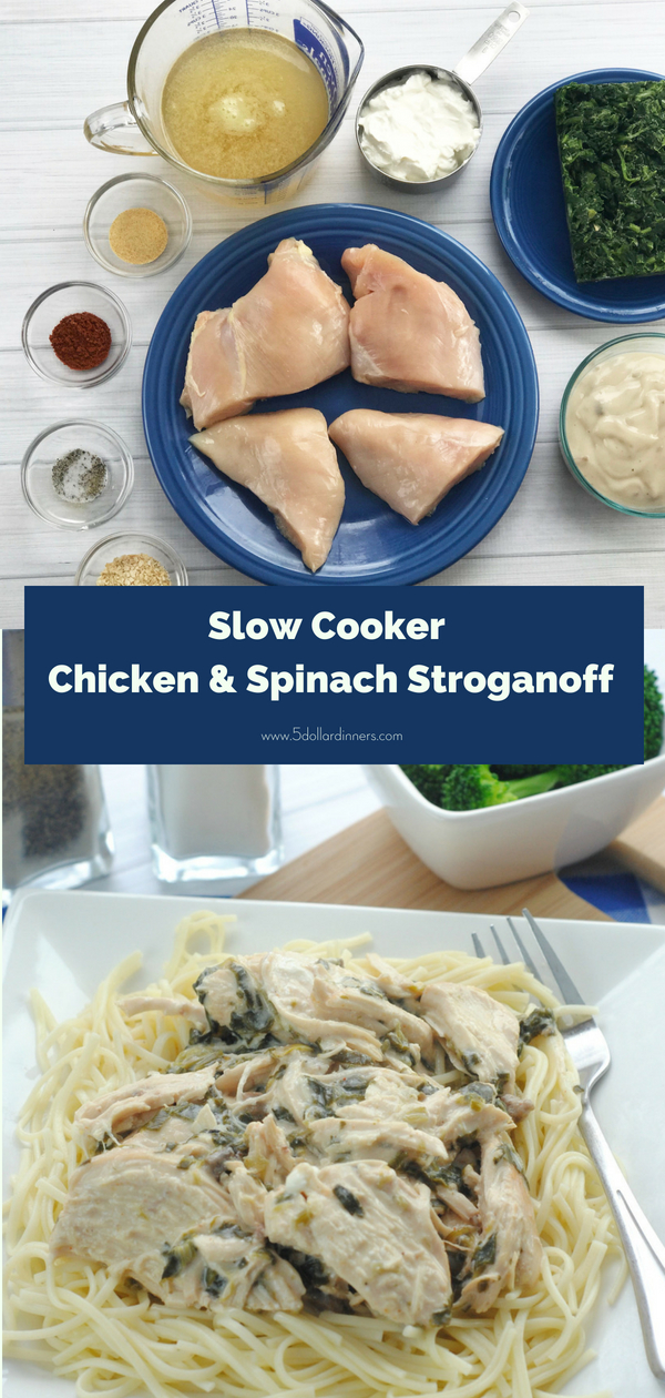 The weeknights just got a little easier with this crowd pleasing Slow Cooker Chicken & Spinach Stroganoff Recipe on 5 Dollar Dinners.