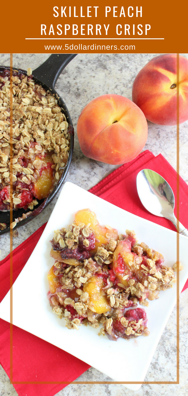 With fall around the corner this Skillet Peach Raspberry Crisp is calling my name and it's the perfect dessert!!! Find it on 5 Dollar Dinners!