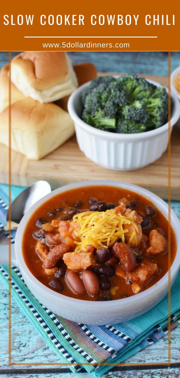 You'll fall in love with this rustic slow cooker dish, Slow Cooker Cowboy Chili. Easy and feeds a crowd! Find this delicious recipe on 5 Dollar Dinners!