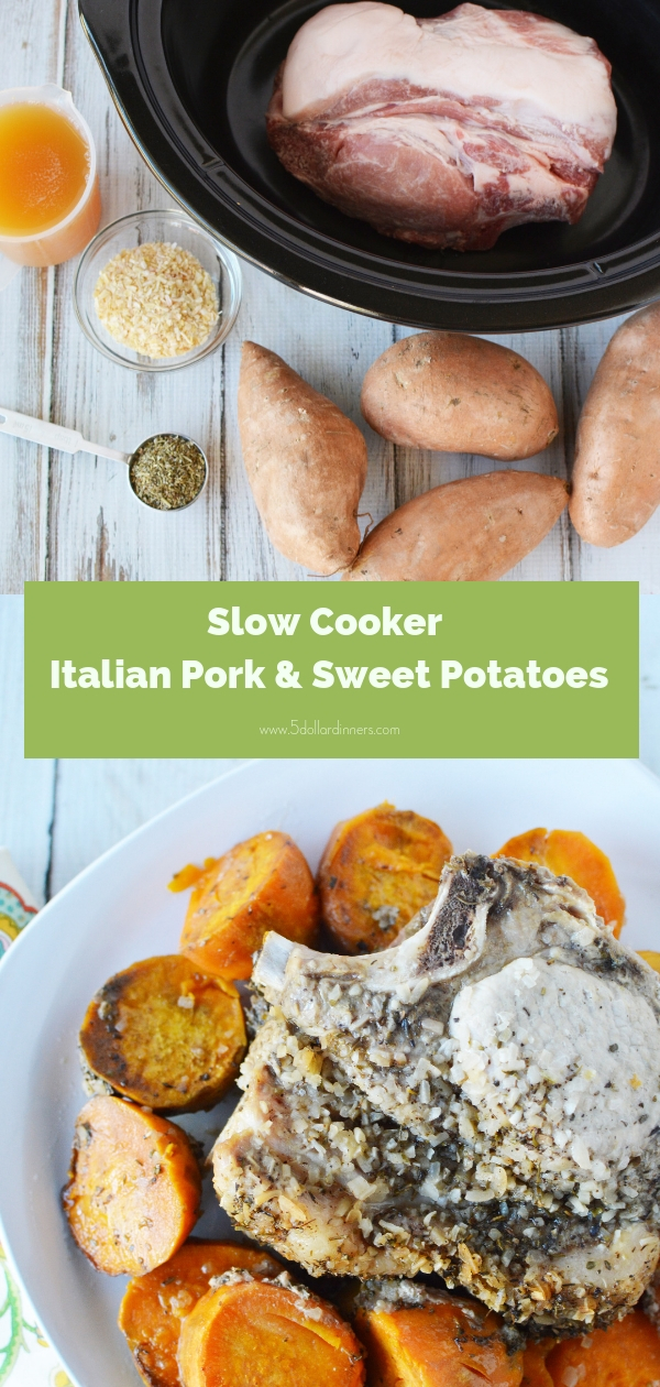 Slow Cooker Italian Pork & Sweet Potatoes a great weeknight meal and you can find it on 5DollarDinners.com