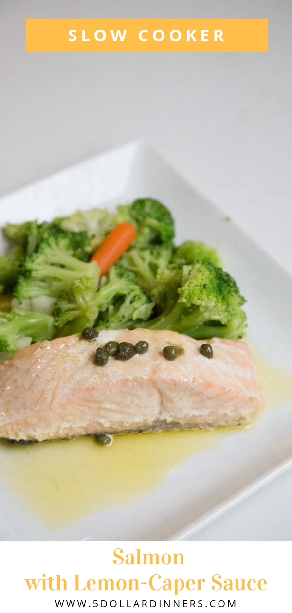 Slow Cooker Salmon with Lemon-Caper Sauce and all its goodness can be found on 5DollarDinners.Com