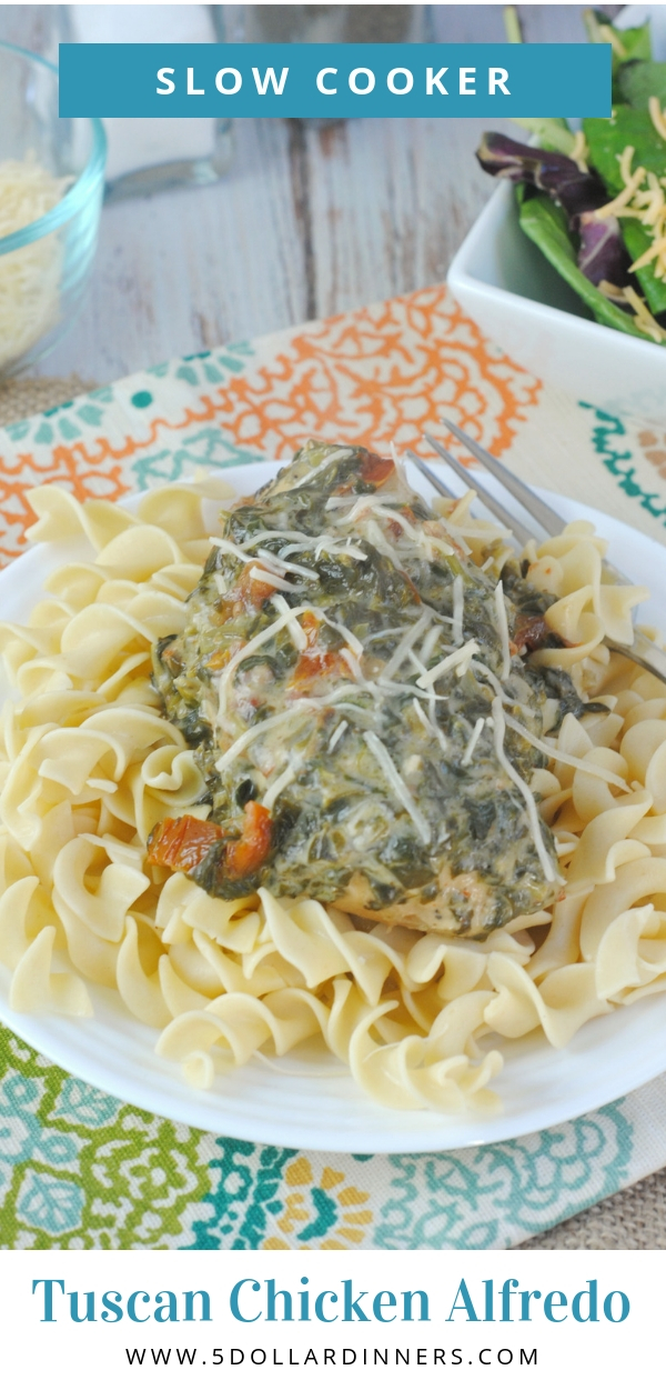 Slow Cooker Tuscan Chicken Alfredo is the perfect weeknight meal for those busy days! Find it all on 5DollarDinners.com